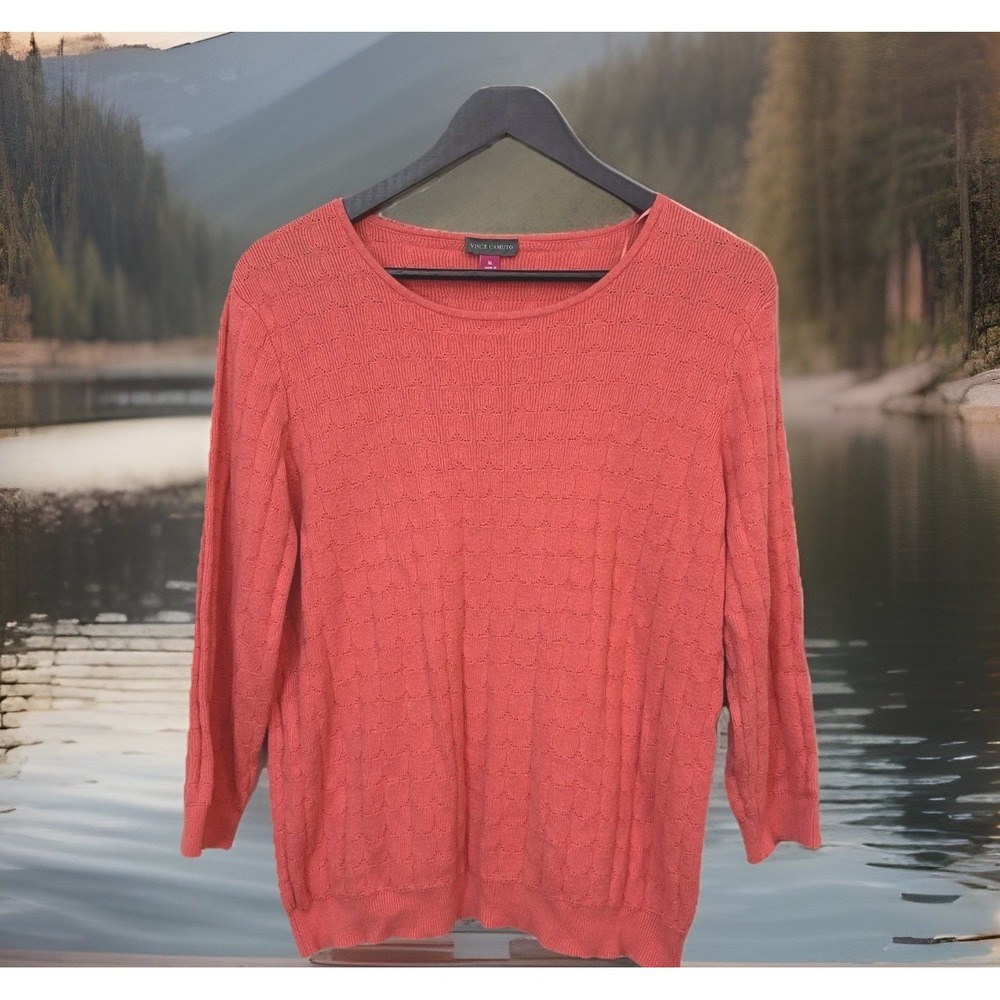 Vince Camuto Sweater Womens XL Coral Pink Textured Pointelle Knit 3/4 Sleeve